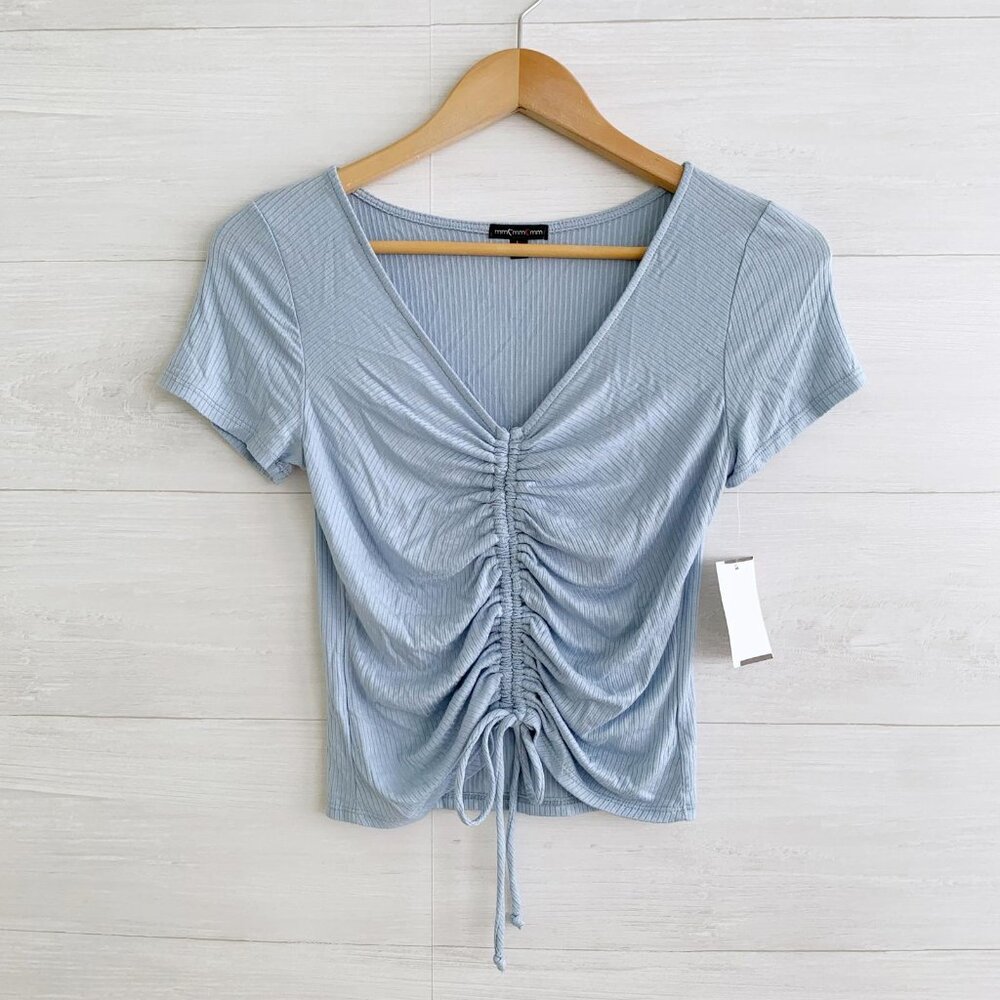 NWT mm mm mm - chambray blue ribbed V-neck ruched front T-shirt L